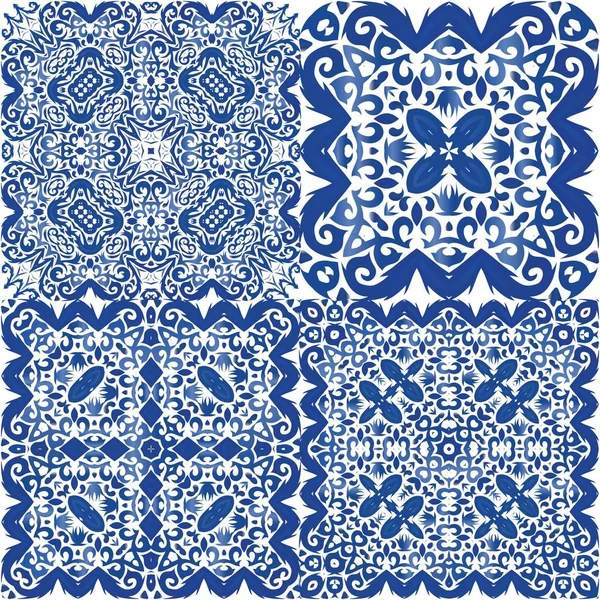 Kerámia Csempe Azulejo Portugál Minimális Tervezés Vektormentes Minták Készlete Kék — Stock Vector