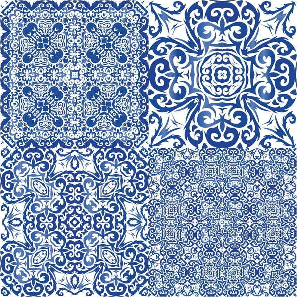 Ceramic Tiles Azulejo Portugal Graphic Design Set Vector Seamless Patterns — Stock Vector