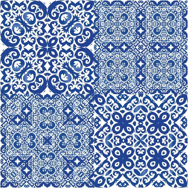 Antik Portugál Azulejo Kerámia Grafikus Tervezés Vektormentes Minták Készlete Kék — Stock Vector