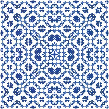 Portekizce süslemeli azulejo seramik. Evrensel tasarım. Vektörsüz şablon. Duvar kağıdı, web arkaplanı, havlular, baskı, yüzey dokusu, yastıklar için mavi vintage arkaplan.