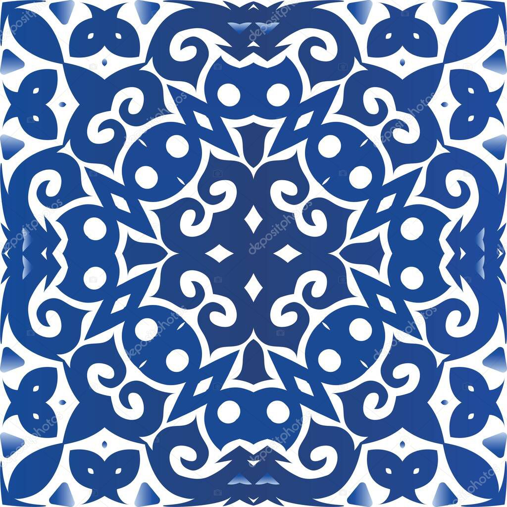 Ceramic tiles azulejo portugal. Vector seamless pattern flyer. Fashionable design. Blue ethnic background for T-shirts, scrapbooking, linens, smartphone cases or bags.