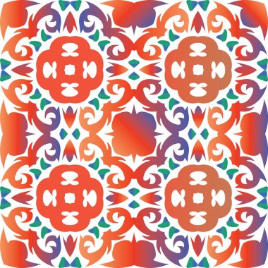 Dekoratif renk talavera fayansları. Banyo tasarımı. Vektörsüz desenli poster. Baskı, web arkaplanı, yüzey dokusu, havlu, yastık, duvar kağıdı için kırmızı halk etnik süsü.