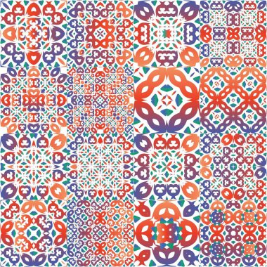 Meksika süslemeli talavera seramiği. Vektör aralıksız desenler. Renkli tasarım. Duvar kağıdı, web arkaplanı, havlular, baskı, yüzey dokusu, yastıklar için kırmızı vintage arkaplan.