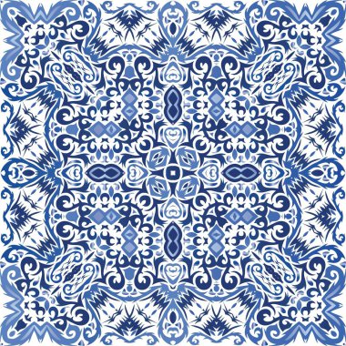 Portekizce süslemeli azulejo seramik. Vektör kusursuz desen çizimi. Modern tasarım. Duvar kağıdı, web arkaplanı, havlular, baskı, yüzey dokusu, yastıklar için mavi vintage arkaplan.