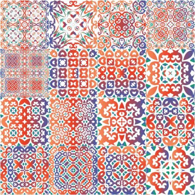 Meksika süslemeli talavera seramiği. Orijinal tasarım Vektörsüz desenlerin toplanması. Duvar kağıdı, web arkaplanı, havlular, baskı, yüzey dokusu, yastıklar için kırmızı vintage arkaplan.