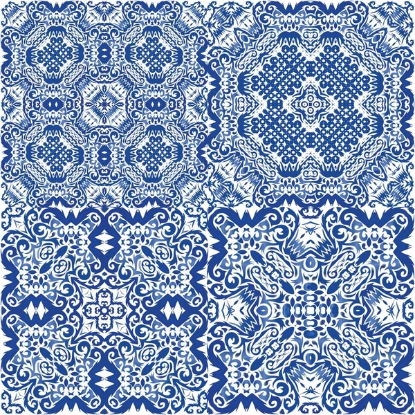 Ethnic Ceramic Tile Portuguese Azulejo Vector Seamless Pattern Elements Colored — Stock Vector