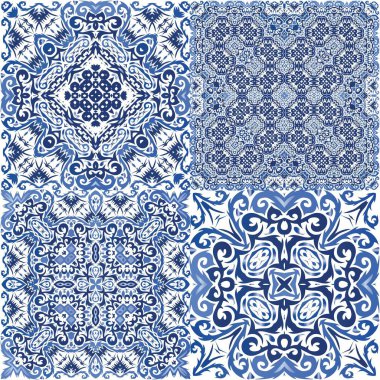 Süslü Azulejo Portekiz fayansları. Moda tasarımı. Vektör desensiz kolaj. Çarşaflar, akıllı telefon kılıfları, hatıra defterleri, çantalar ya da tişörtler için harika çiçek desenleri..
