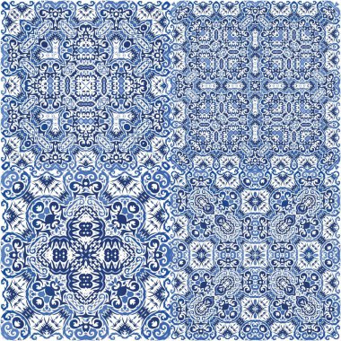 Antika Portekiz azulejo seramiği. Minimum tasarım. Vektörsüz şablon çerçevesi. Kupür defteri, akıllı telefon kılıfları, tişörtler, çantalar veya çarşaflar için çiçek ve soyut dekoru.