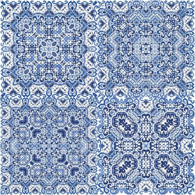 Portekiz yapımı Azulejo fayansları. Şık tasarım. Vektörsüz suluboya desenli. Yastıklar, baskılar, duvar kağıtları, ağ arkaplanı, havlular, yüzey dokusu için antika arkaplan.