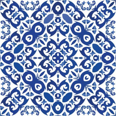 Portekizce süslemeli azulejo seramik. Banyo tasarımı. Vektörsüz suluboya desenli. Duvar kağıdı, web arkaplanı, havlular, baskı, yüzey dokusu, yastıklar için mavi vintage arkaplan.