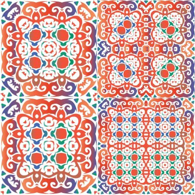 Süslü Talavera Meksika fayans dekoru. Vektörsüz desenlerin toplanması. Minimum tasarım. Çarşaflar, akıllı telefon kılıfları, hatıra defterleri, çantalar ya da tişörtler için kırmızı muhteşem çiçek desenleri..
