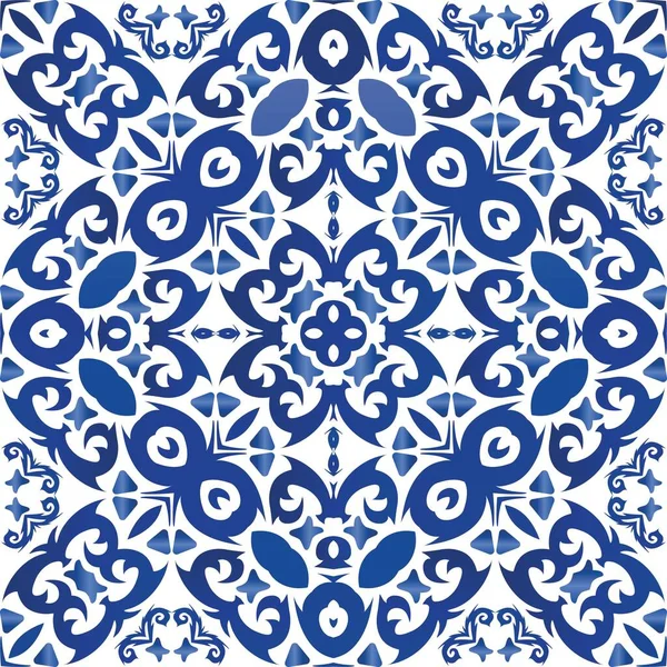 Portugiesische Dekorative Azulejo Keramik Badezimmergestaltung Vektor Nahtlose Muster Aquarell Blauer — Stockvektor