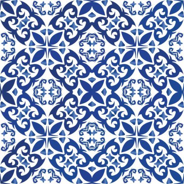 Antika azulejo döşeme yaması. Vektörsüz desen dokusu. Orijinal tasarım Çantalar, akıllı telefon kılıfları, tişörtler, çarşaflar veya koleksiyon defterleri için mavi İspanya ve Portekiz dekoru.