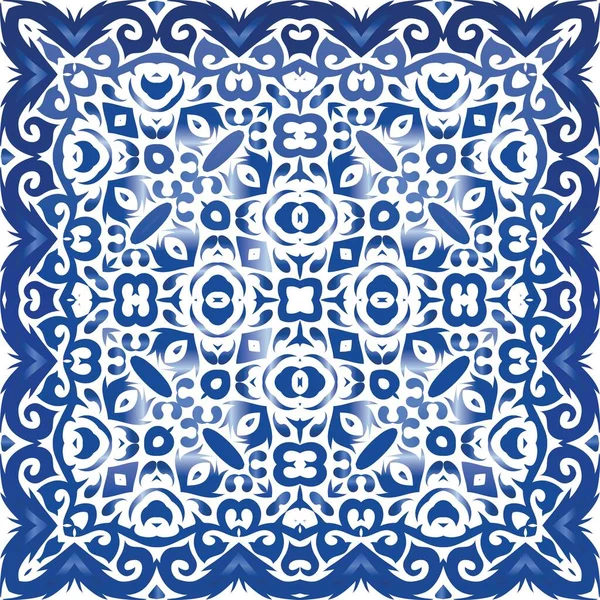 Seramik fayanslar azulejo portugal. Vektörsüz şablon çerçevesi. Moda tasarımı. Tişört, hatıra defteri, çarşaf, akıllı telefon çantası veya çantalar için mavi etnik geçmiş.