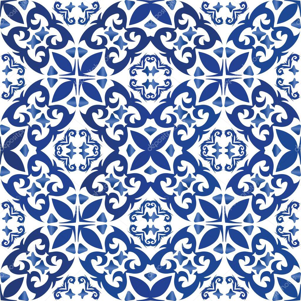 Antique azulejo tiles patchwork. Vector seamless pattern texture. Original design. Blue spain and portuguese decor for bags, smartphone cases, T-shirts, linens or scrapbooking.