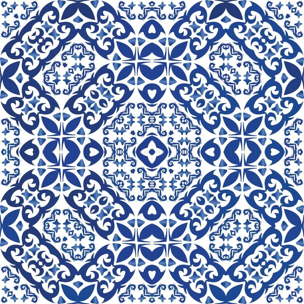 Prydnads Azulejo Portugal Kakel Inredning Handritad Design Sömlös Mönsteraffisch Blå — Stock vektor