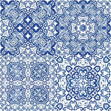 Antique azulejo tiles patchworks. Universal design. Set of vector seamless patterns. Blue spain and portuguese decor for bags, smartphone cases, T-shirts, linens or scrapbooking. clipart