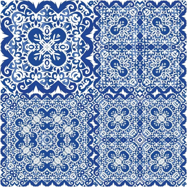 Portuguese Ornamental Azulejo Ceramic Kit Vector Seamless Patterns Bathroom Design — Stock Vector