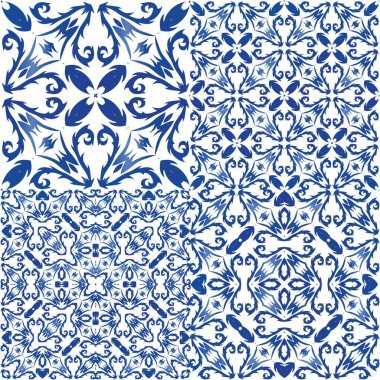 Süslü Azulejo Portekiz fayansları. Vektör aralıksız desenler. Evrensel tasarım. Çarşaflar, akıllı telefon kılıfları, hatıra defterleri, çantalar ya da tişörtler için mavi muhteşem halk resimleri..