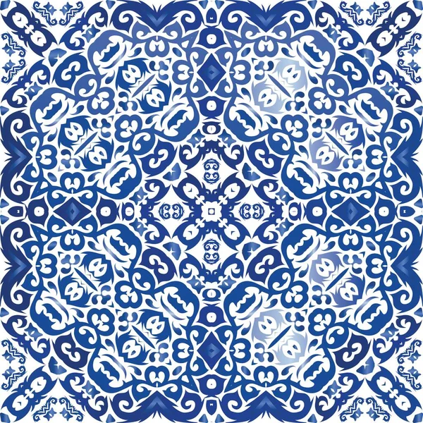 Starožitná Portugalská Azulejo Keramika Originální Design Vektorový Bezproblémový Plakát Modrá — Stockový vektor