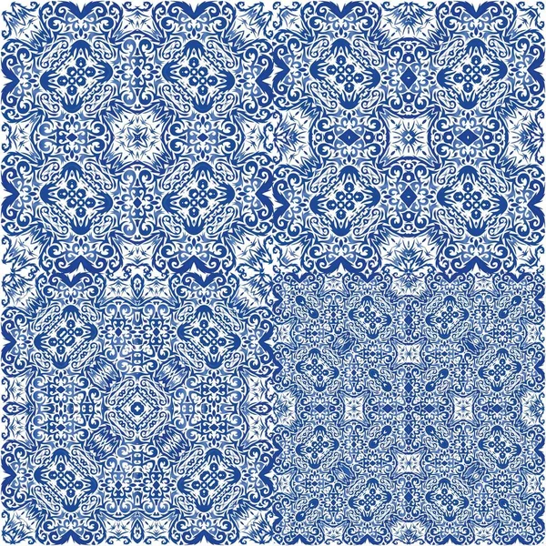 Ceramic Tiles Azulejo Portugal Set Vector Seamless Patterns Kitchen Design — Stock Vector