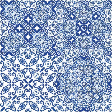 Portekiz azulejo 'sunda etnik seramik fayanslar. Orijinal tasarım Vektörsüz desenlerin toplanması. Yüzey dokusu, havlu, yastık, duvar kağıdı, baskı, web arkaplanı için mavi klasik süsler.