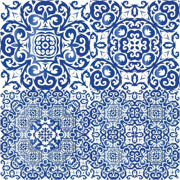 Geleneksel Portekizli azulejolar. Vektör aralıksız desenler. Yaratıcı tasarım. Ağ arkaplanı, baskı, yastıklar, yüzey dokusu, duvar kağıdı, havlular için mavi soyut arkaplan.