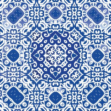 Seramik fayanslar azulejo portugal. El yapımı tasarım. Vektörsüz desenli el ilanı. Tişört, hatıra defteri, çarşaf, akıllı telefon çantası veya çantalar için mavi etnik geçmiş.