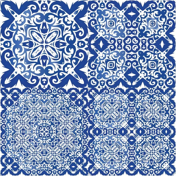 Ubin Azulejo Vintage Portugis Kit Pola Vektor Mulus Desain Berwarna - Stok Vektor