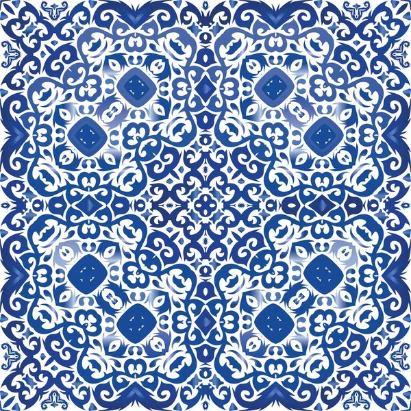Античная Португальская Керамика Дизайн Кухни Векторный Бесшовный Паттерн Синий Цветочный — стоковый вектор