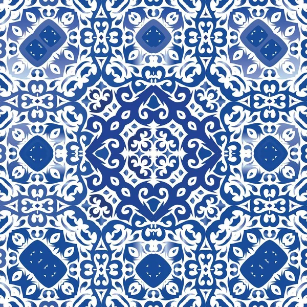 Керамическая Плитка Azulejo Португальский Ручной Рисунок Векторный Бесшовный Паттерн Синий — стоковый вектор