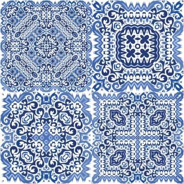 Geleneksel Portekizli azulejolar. Evrensel tasarım. Vektör aralıksız desenler. Ağ arkaplanı, baskı, yastıklar, yüzey dokusu, duvar kağıdı, havlular için mavi soyut arkaplan.
