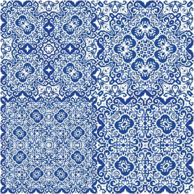 Seramik fayanslar azulejo portugal. Vektör aralıksız desenler. Modern tasarım. Tişört, hatıra defteri, çarşaf, akıllı telefon çantaları veya çantalar için mavi etnik altyapı.