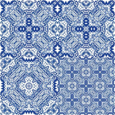 Süslü Azulejo Portekiz fayansları. Vektörsüz desenlerin toplanması. Geometrik tasarım. Çarşaflar, akıllı telefon kılıfları, hatıra defterleri, çantalar ya da tişörtler için mavi muhteşem halk resimleri..
