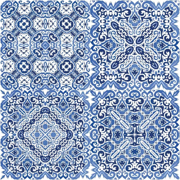 Portuguese Vintage Azulejo Tiles Collection Vector Seamless Patterns Stylish Design — Stock Vector