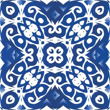 Süslü Azulejo Portekiz fayansları. Vektörsüz desenli poster. Şık tasarım. Çarşaflar, akıllı telefon kılıfları, hatıra defterleri, çantalar ya da tişörtler için mavi muhteşem çiçek desenleri..