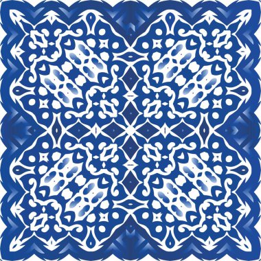 Portekizce süslemeli azulejo seramik. Vektörsüz desen dokusu. Modern tasarım. Duvar kağıdı, web arkaplanı, havlular, baskı, yüzey dokusu, yastıklar için mavi vintage arkaplan.