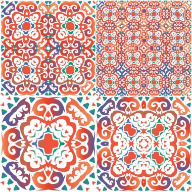 Dekoratif renk talavera fayansları. Banyo tasarımı. Vektör aralıksız desenler. Baskı, web arkaplanı, yüzey dokusu, havlu, yastık, duvar kağıdı için kırmızı halk etnik süslemeleri.