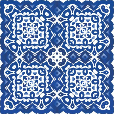 Dekoratif renk seramik azulejo fayansları. Vektörsüz desenli el ilanı. Banyo tasarımı. Mavi halk baskısı, web arkaplanı, yüzey dokusu, havlular, yastıklar, duvar kağıdı.