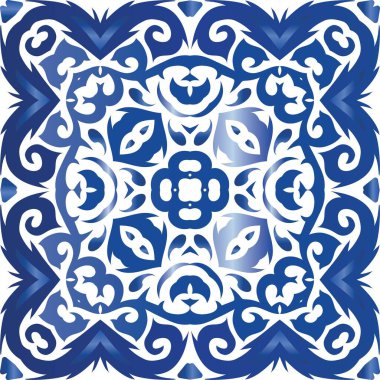 Antika Portekiz azulejo seramiği. Vektörsüz desenli elementler. El yapımı tasarım. Koleksiyon defteri, akıllı telefon kılıfları, tişörtler, çantalar ve çarşaflar için mavi ve soyut bir dekor.