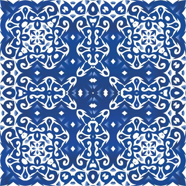 Ethnische Keramikfliese Portugiesischer Azulejo Kreatives Design Vektor Nahtlose Mustervorlage Blaues — Stockvektor