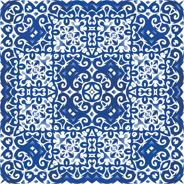 Античная Португальская Керамика Векторный Бесшовный Рисунок Акварели Творческий Дизайн Синий — стоковый вектор