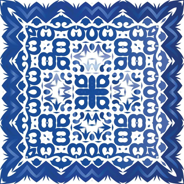 Португальский Декоративный Azulejo Керамики Векторный Бесшовный Коллаж Модный Дизайн Синий — стоковый вектор