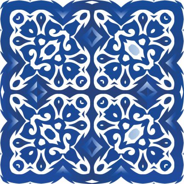 Geleneksel Portekiz azulejosu. Vektörsüz desenli el ilanı. El yapımı tasarım. Ağ arkaplanı, baskı, yastıklar, yüzey dokusu, duvar kağıdı, havlular için mavi soyut arkaplan.