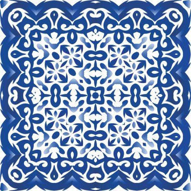 Antika Portekiz azulejo seramiği. Vektörsüz şablon. Yaratıcı tasarım. Koleksiyon defteri, akıllı telefon kılıfları, tişörtler, çantalar ve çarşaflar için mavi ve soyut bir dekor.