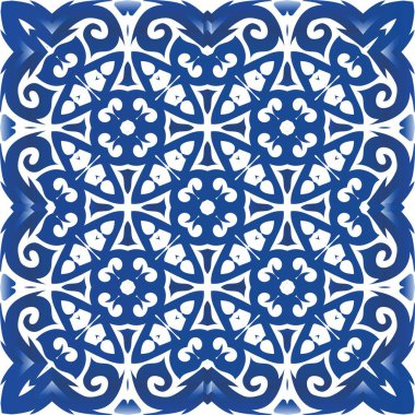 Portekiz yapımı Azulejo fayansları. Grafik tasarımı. Vektörsüz model kavramı. Yastıklar, baskılar, duvar kağıtları, ağ arkaplanı, havlular, yüzey dokusu için mavi antika arkaplan.