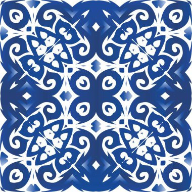 Portekizce süslemeli azulejo seramik. Vektörsüz desenli elementler. Yaratıcı tasarım. Duvar kağıdı, web arkaplanı, havlular, baskı, yüzey dokusu, yastıklar için mavi vintage arkaplan.