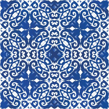 Seramik fayanslar azulejo portugal. Vektör pürüzsüz desen teması. Geometrik tasarım. Tişört, hatıra defteri, çarşaf, akıllı telefon çantası veya çantalar için mavi etnik geçmiş.