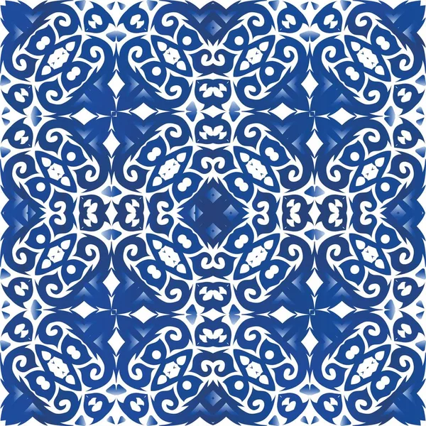 Keramische Fliesen Azulejo Portugal Vektornahtloses Musterthema Geometrisches Design Blauer Ethnischer — Stockvektor