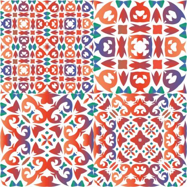 Geleneksel süslü Meksika Talavera 'sı. El yapımı tasarım. Vektörsüz desenlerin toplanması. Ağ arkaplanı, baskı, yastıklar, yüzey dokusu, duvar kağıdı, havlular için kırmızı soyut arkaplan.